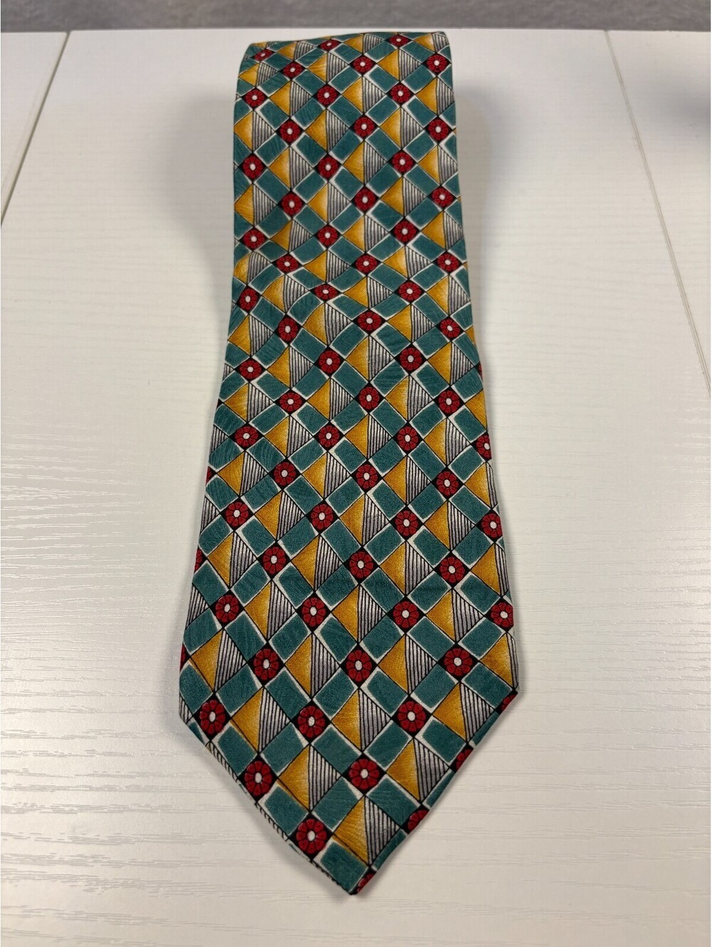 Boston Traders Vintage Geometric Tie Teal Gold Red Mosaic Floral Necktie 90s